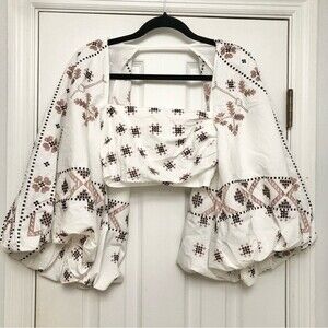 ASOS Edition Crop Top Mosaic Embroidered Puff Sleeves White Cotton 6